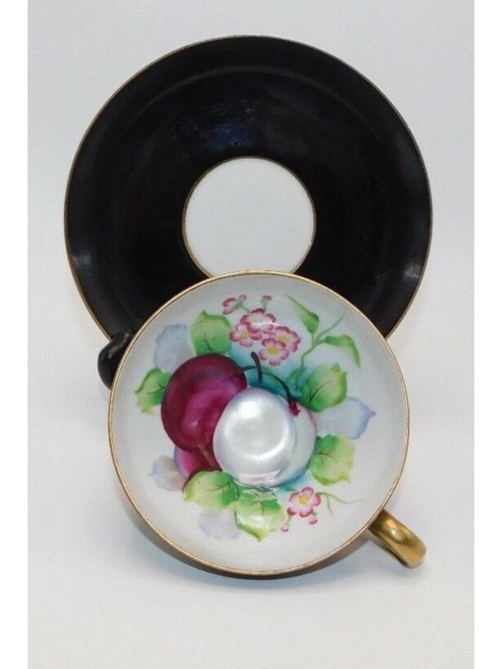 Ucagco China Handpainted Black & Gold Fruit Design Tea Cup And Saucer Japan